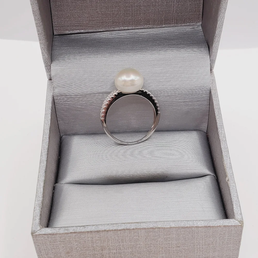 Akoya Cream Pearl & Simulated Pave Diamond Platinum | 925 Sterling Silver Ring